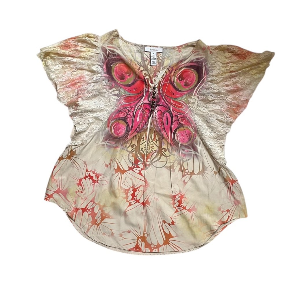 Womens Style & Co beautiful boho butterfly print lace sleeve top - Picture 10 of 15